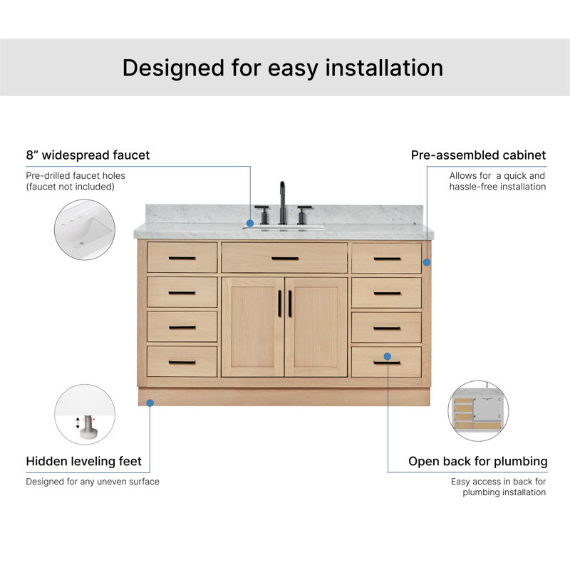 Ensemble de meuble-lavabo simple en bois massif avec plateau en marbre de 1,5 po Tidworth, Chêne naturel, Forme rectangulaire