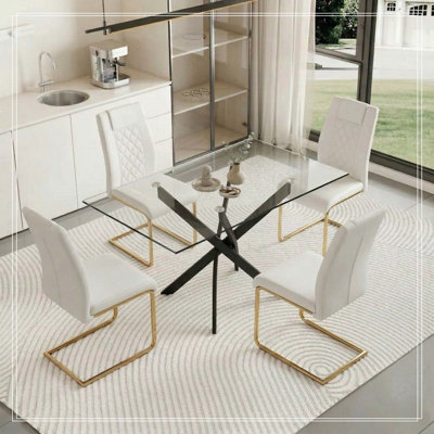 Ensemble de table de salle à manger rectangulaire en verre pour 4 personnes, table de salle à manger en verre de 47,24 po avec pieds noirs, table de cuisine moderne pour la maison (table noire et chaises dorées)