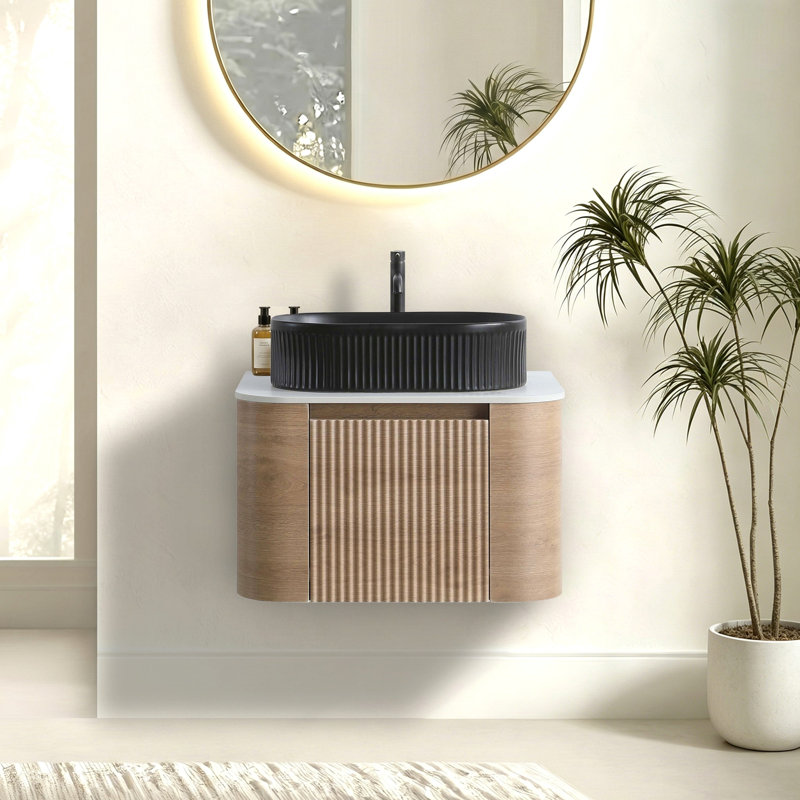 36 inch Bathroom Vanity with Sink, Walnut Wall Cabinet with Free Towel Rack, Single Black Oval Striped Ceramic Basin Design, without Drain and Faucet, Pre-assembled