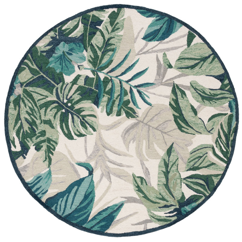 Romary Hand Tufted Wool/Cotton Performance Floral Rug in Ivory/Green, Square 6'