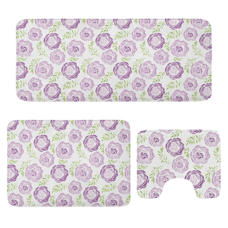  Ensemble de tapis de salle de bain Floral 3 pièces en U et tapis rectangulaires mauve pâle