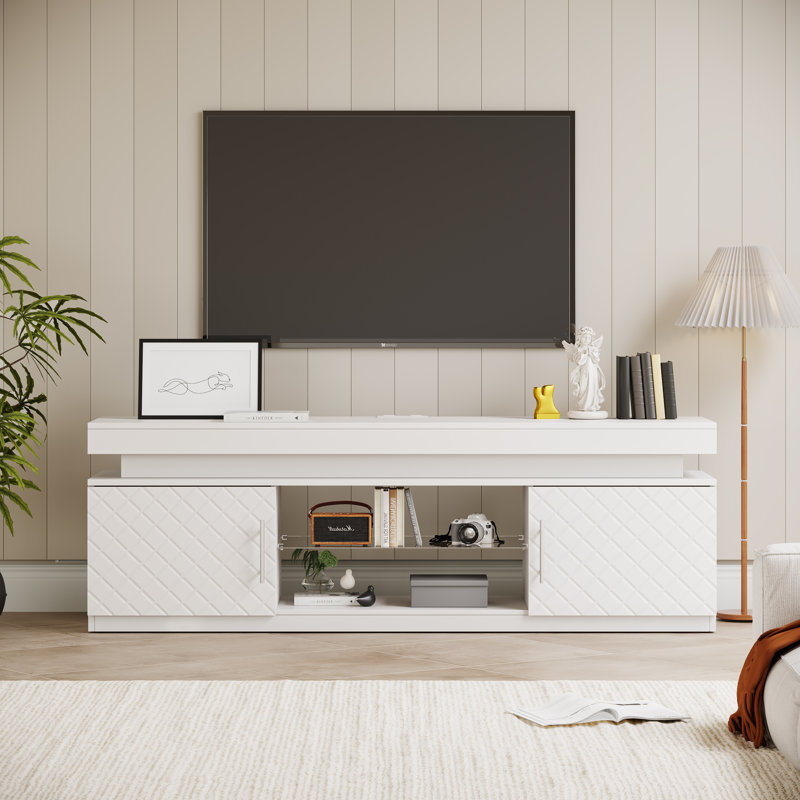 Meuble télé 59 po avec lumière DEL RVB et station de charge, console multimédia pour téléviseur de 65 po ou moins, Blanc