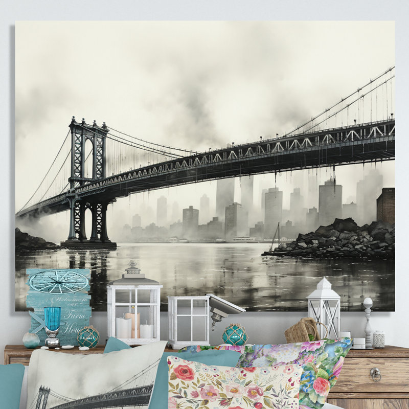 Gris pont suspendu à câble gris anthracite - Art mural sur toile, H 30 po x l 40 po x P 1,5 po, Toile tendue
