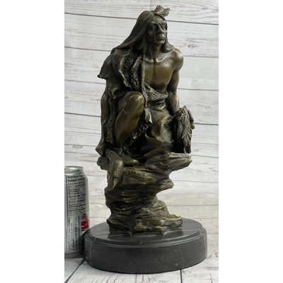 Teyanah Native American Indian Warrior Squatting on Rock Bronze Sculpture Statue Marble Base