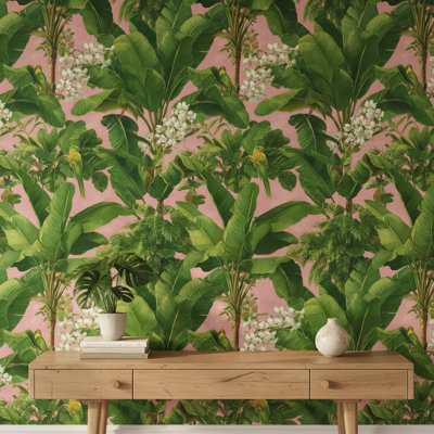 Rouleau de papier peint tropical mural amovible à motif de feuilles de bananier tropical