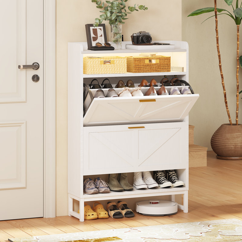srping 24 Pair Shoe Shoe Cabinet With 2 Flip Drawers,Farmhouse Shoe Storage Cabinet Organizer For Entryway, White