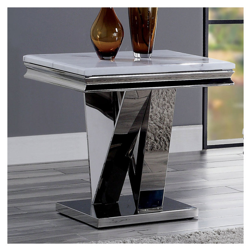 Table de bout Modern Glam avec plateau biseauté 18 mm et base en acier inoxydable chromé