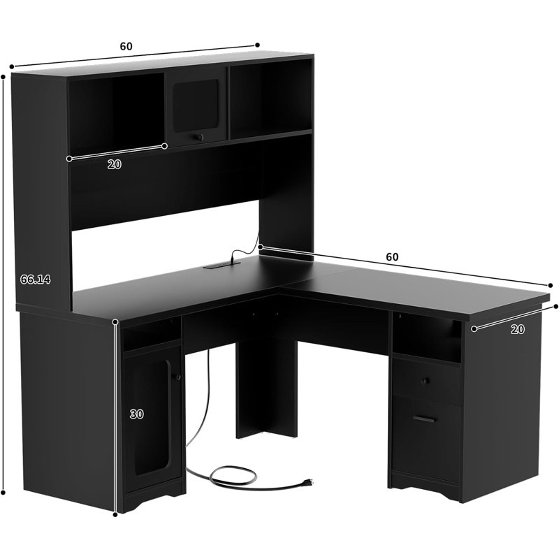 Black L-Shaped Executive Desk with Hutch and Power Outlet