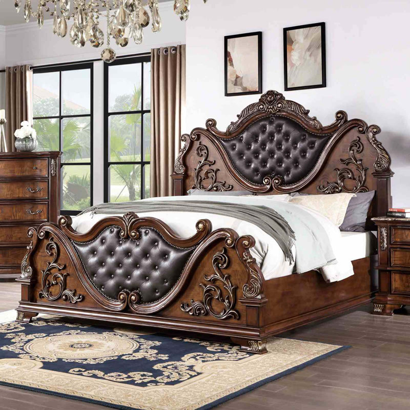 Traditional Bed with Button-Tufted Headboard and Faux Wood Carved Details, Queen, Brown