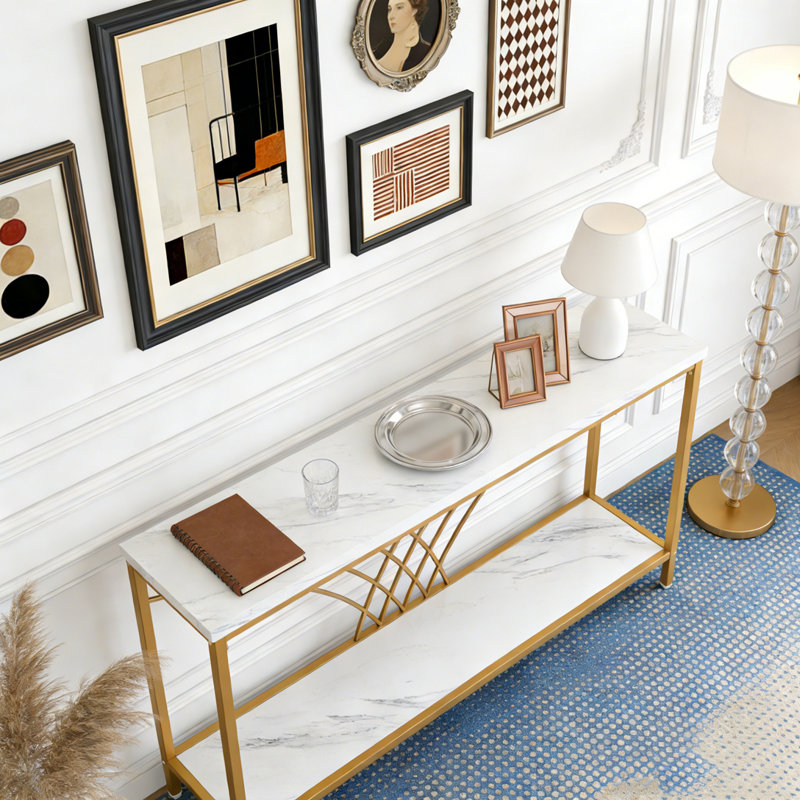 Console de table d'entrée en faux marbre avec 2 tablettes de rangement
