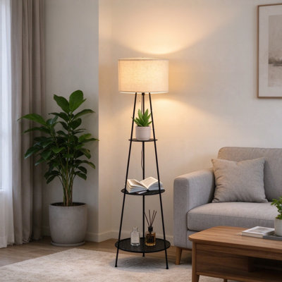 Lampe sur pied à 3 niveaux avec lampe E26 62,99 po et abat-jour en lin noir