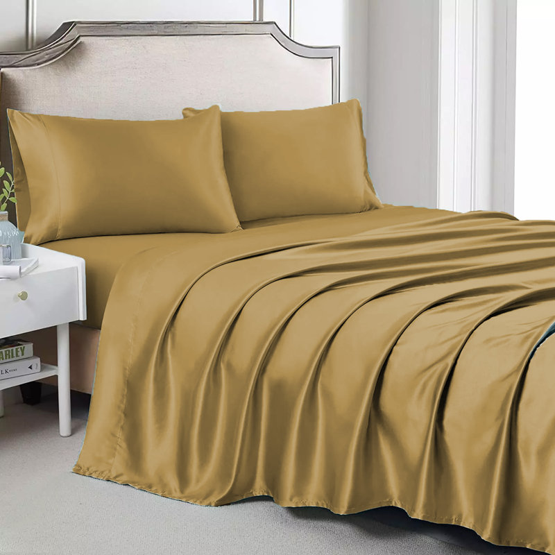  Ensemble de draps en satin de luxe et soyeux 4 pièces Rose Collection - 6 couleurs, Très grand, Or