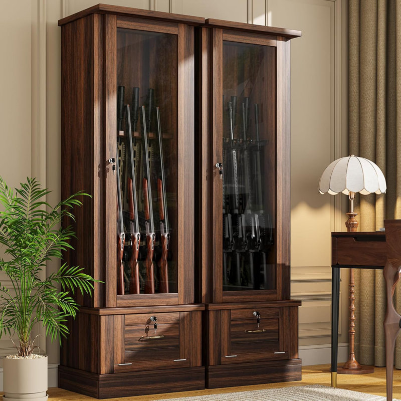 10 Gun Safe For Rifles, Wooden Display Gun Cabinet For Long Rifles, Quick Access Cabinet Safes With Large Sapce Storage For Multiple Short Gun, Espresso
