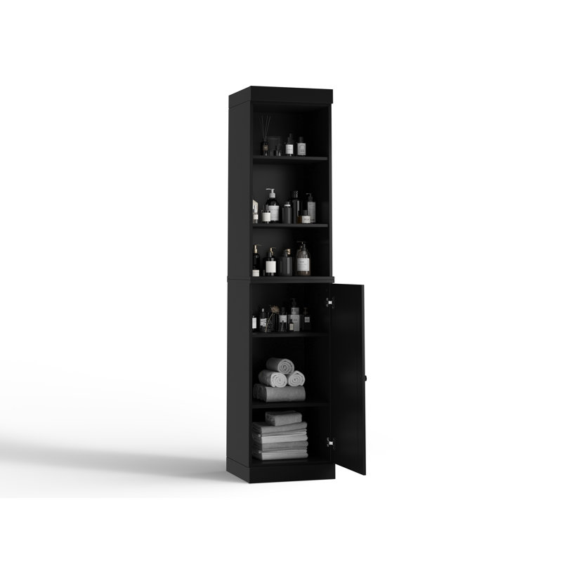 Armoire de rangement de salle de bain 100% bois massif 16,5 po avec portes solides et tablettes réglables, Noir
