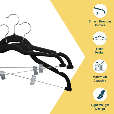  Velvet Skirt Hangers – With Adjustable Clips, 360 Degree Swivel Hook, and Non-Slip Shoulder Notch, Holds Up To 10 lbs, For Organizing Skirt, Pants, Dress, and Clothes, Pack of 30, Black