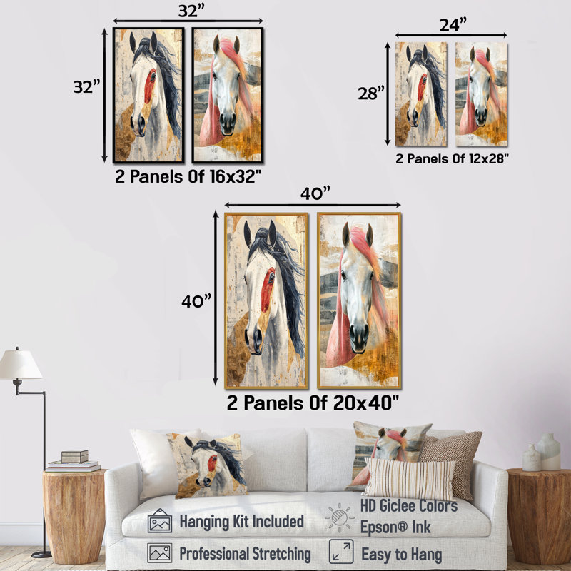 «Native Horse Freedom Unbridled I», art mural 2 panneaux, H 32 po x l 33 po, Encadrement argenté