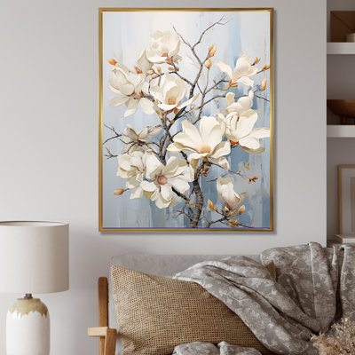 Beauté de magnolia beige sur fond bleu en pleine floraison sur toile