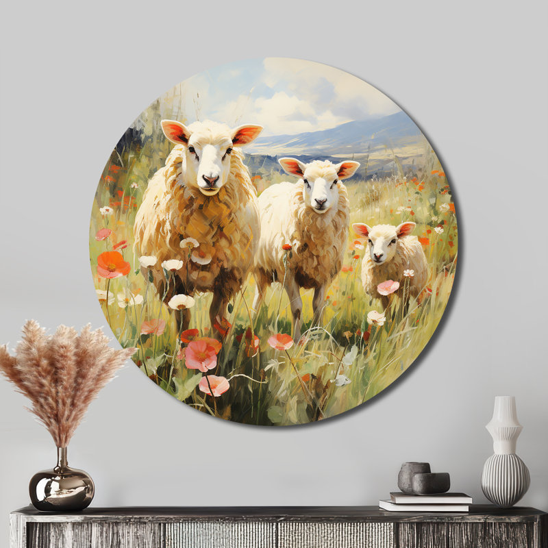 Volée de moutons moelleux II - animaux, art en métal rond, H 29 po x l 29 po