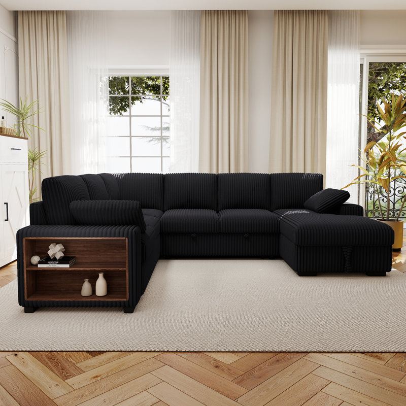 Clitheroe 116.5" U-Shaped Corduroy Convertible Pull-Out Reclining Sectional Sofa Bed with Storage Chaise and Armrest