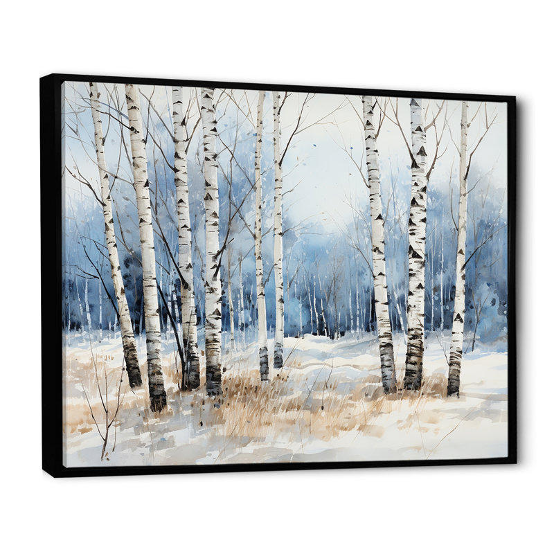 Bois de bouleau blanc et bleu en hiver - Art mural bouleau, H 24 po x l 32 po x P 1 po, Cadre flottant noir