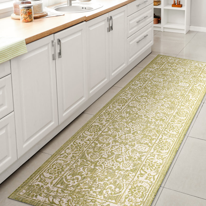 Tapis d'intérieur / extérieur vert / crème à motif floral bohémien Demians, Tapis de couloir 2 pi 2 po x 10 pi