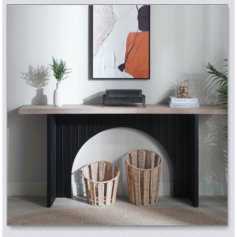 Console moderne minimaliste avec base en arche noire et plateau en bois naturel, console en bois de 66 po
