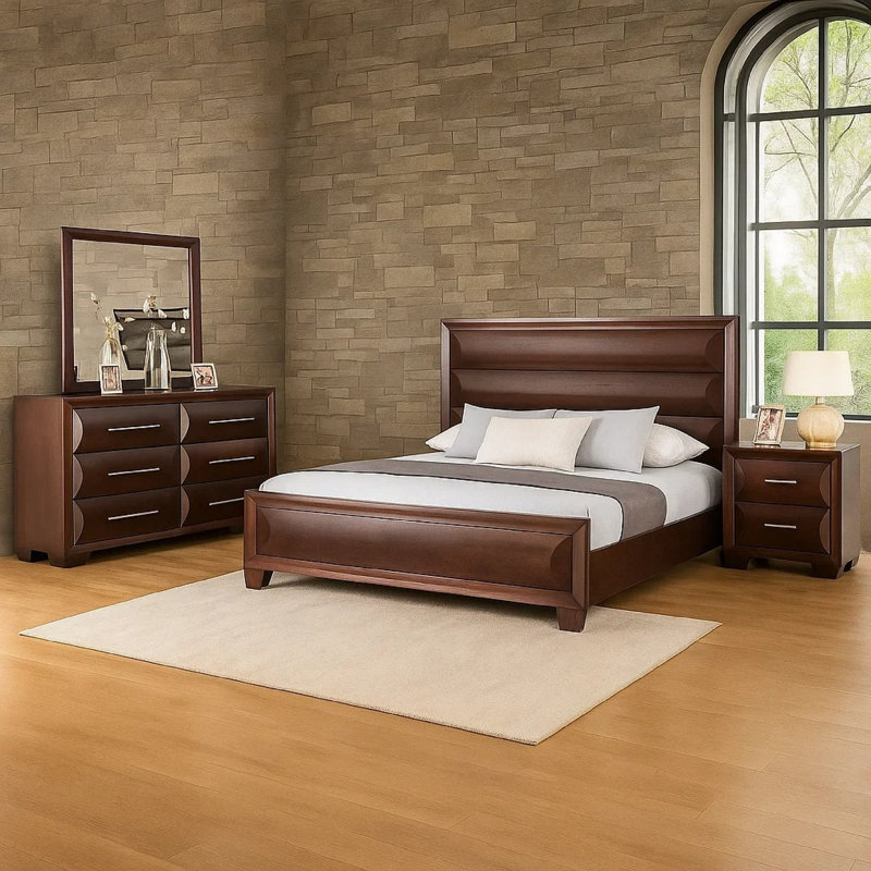 Ensemble de chambre à coucher grand lit 4 pièces Nitz, tête de lit sculptée brun espresso, Espresso brun