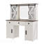 (Tabouret non inclus) Meuble-lavabo de ferme avec miroir éclairé, coiffeuse avec station de charge, coiffeuse avec porte de grange coulissante, tablettes cachées, 3 tiroirs et 4 armoires