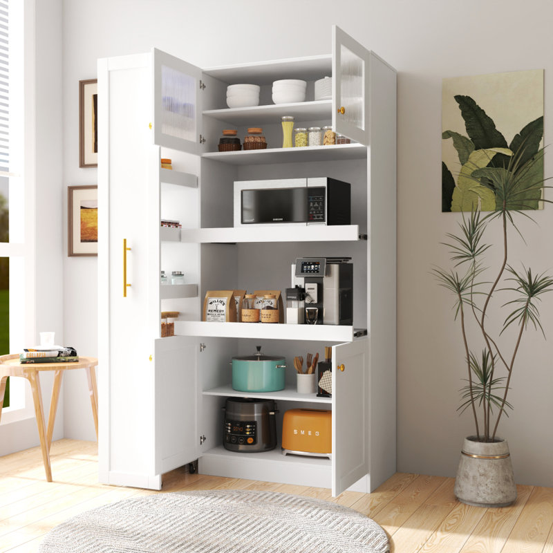 Armoire de cuisine avec tablette de rangement coulissante multi-fonctionnelle, Blanc