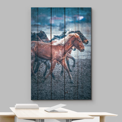 Courir, chevaux, rétro, effet de bois, panneau, chevaux au galop, décor numérique, ferme, faune rustique