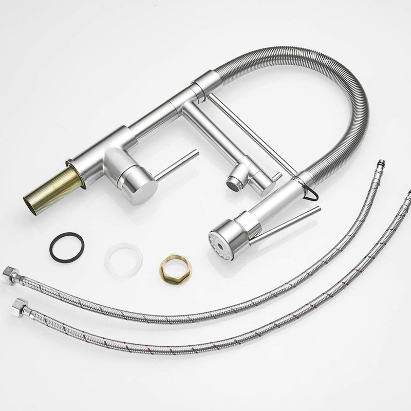 Brushed Nickel Commercial Kitchen Faucet With Resilient Pull Down - Solid Brass For A Fixture In Practical Construction