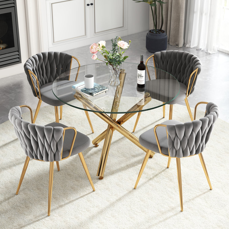 Ensemble de table de salle à manger Elegant, 5 pièces: table, 4 chaises, Gris, Doré