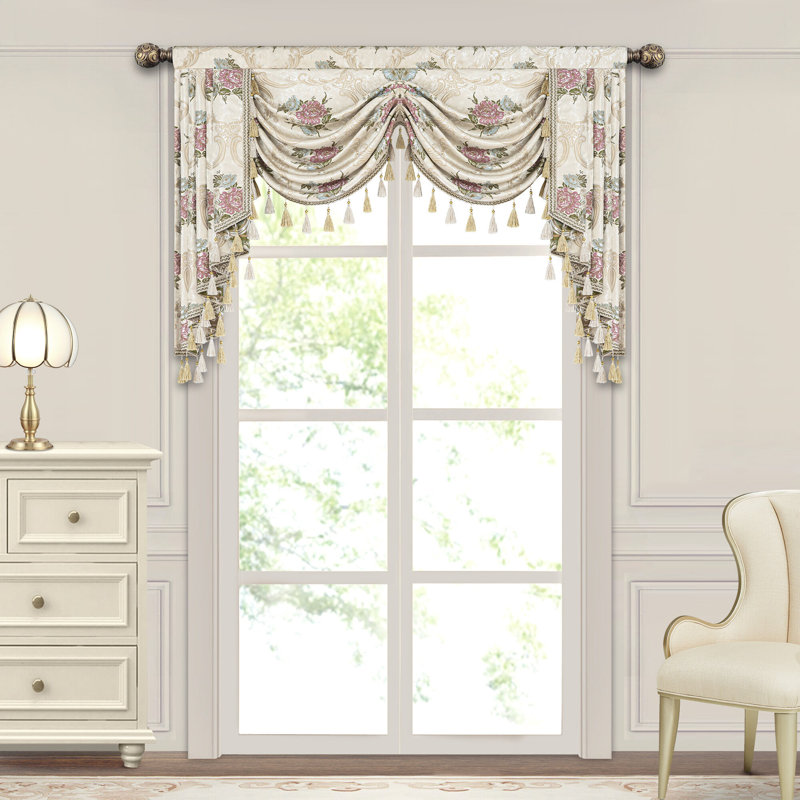 Floral Swag Valance with Tassels, Beige Jacquard Waterfall Valance, Window Treatment 1 Panel, 59" W x 45" L