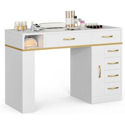 Manicure Table Nail Station for Nail Tech, Glass Top Nail Table Acetone Resistant w/Dust Collector, 7 Drawers & Shelves, Nail Workstation w/Wrist Cushion, Acrylic Display Stand(WH-white)