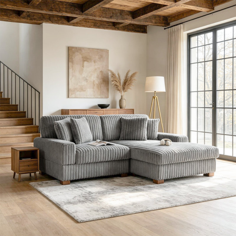 Stephania 2 - Piece Upholstered Light Gray Faux Rabbit Fur Flannel Modular Sectional Sofa with Armrests & Throw Pillows