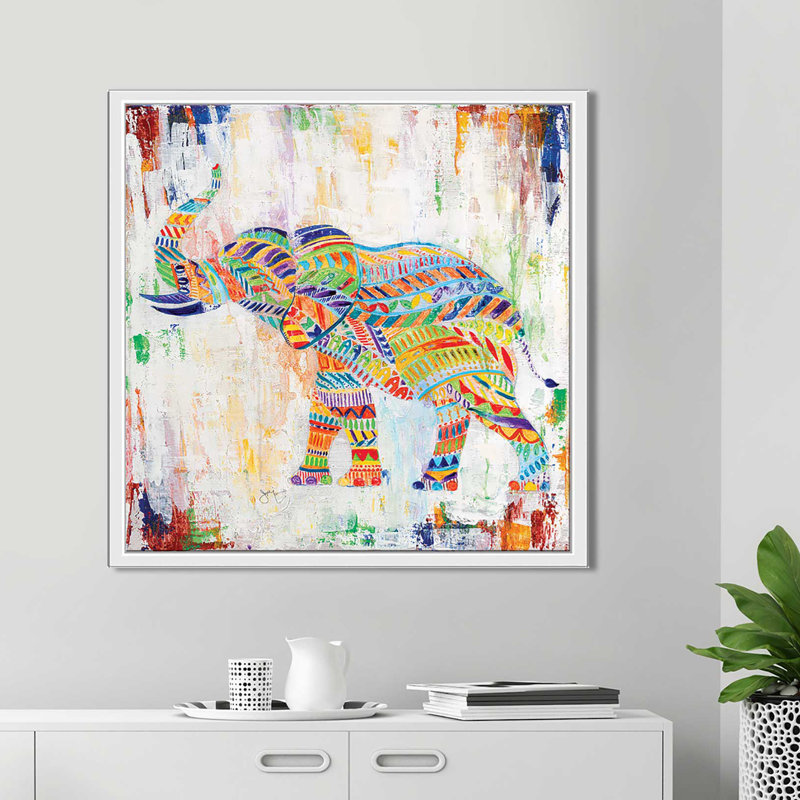 « magique éléphant », reproduction de peinture à l’acrylique sur toile, H 27,5 po x l 27,5 po x P 2 po, Cadre blanc