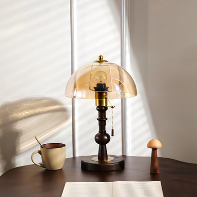 Small Brown Solid wood + Metal Modern Table Lamp with Glass Shade for Bedroom Living Room, Bulb Included