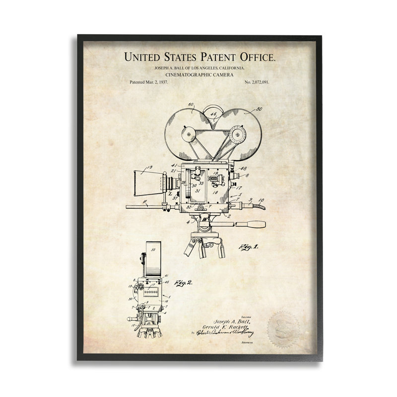 Conception détaillée d'un brevet de caméra cinématographique, Plaque murale, L 16 po x H 16 po