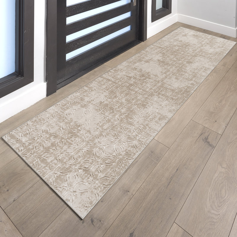 Aubepine Thandi Beige Embossed Transitional Geometric Indoor Area Rug, Soft Polyester – Living Room & Bedroom - Beige