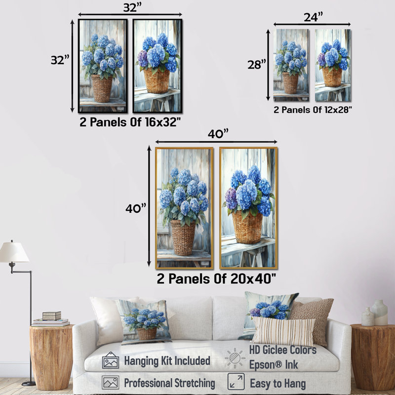 Hydrangeas In A Farm Basket I - Floral Canvas Prints 2 Panels Collection, H 28 po x l 25 po, Toile tendue