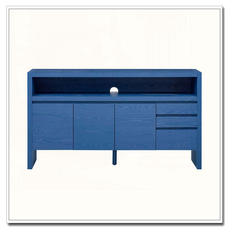 Modern 60" Sideboard with 3 Drawers, 3 Doors, and Ash Veneer Finish, Navy Blue