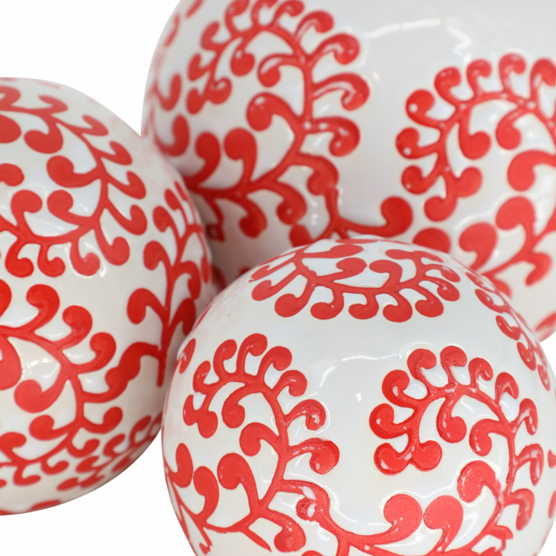 Ensemble de 3 orbes décoratives traditionnelles en céramique - 6 po x 6 po x 6 po, Blanc/rouge, Couleur unie