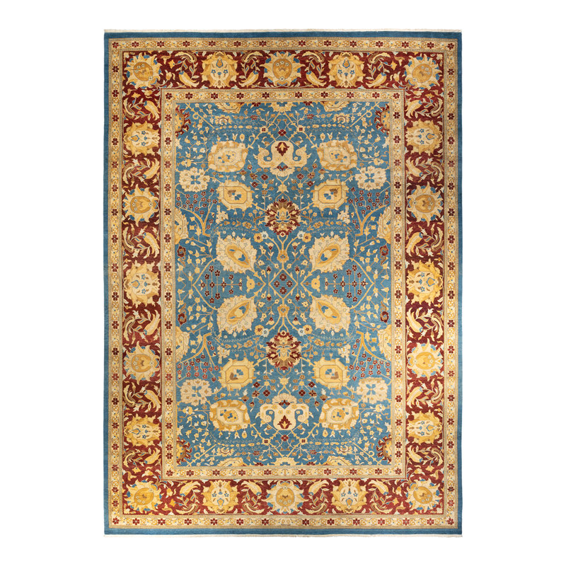 Tapis bleu Haynie en laine noué à la main 12 pi 1 po x 17 pi 3 po