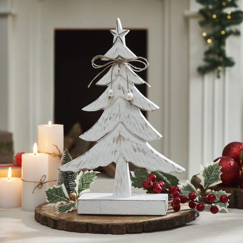 Sapin festif blanc vieilli en bois 12,75 x 8,25 x 2,5