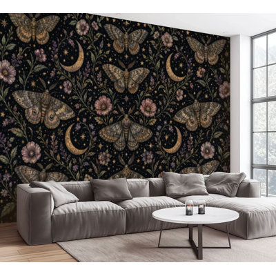 Wall Mural Peel and Stick Wallpaper Vintage Moth Moon Floral Black Self-Adhesive Removable Contact Paper Wall Decor for Living Room Bedroom 100"H x 144"W