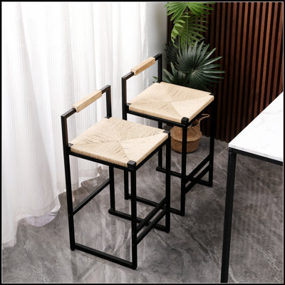 Ensemble de 2 tabourets de bar avec dossier, chaises de salle à manger à hauteur de comptoir tissées en corde de papier pour des sièges modernes et confortables