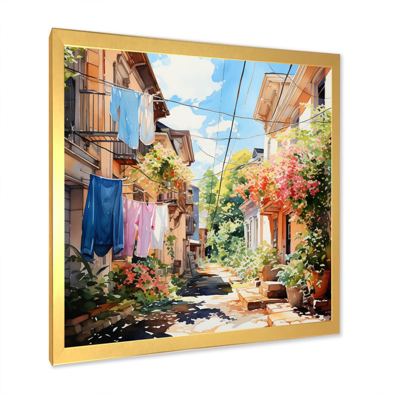 «Italian Village», reproduction de scène rustique sur toile - Jour de lessive en Italie II, Cadre doré simple