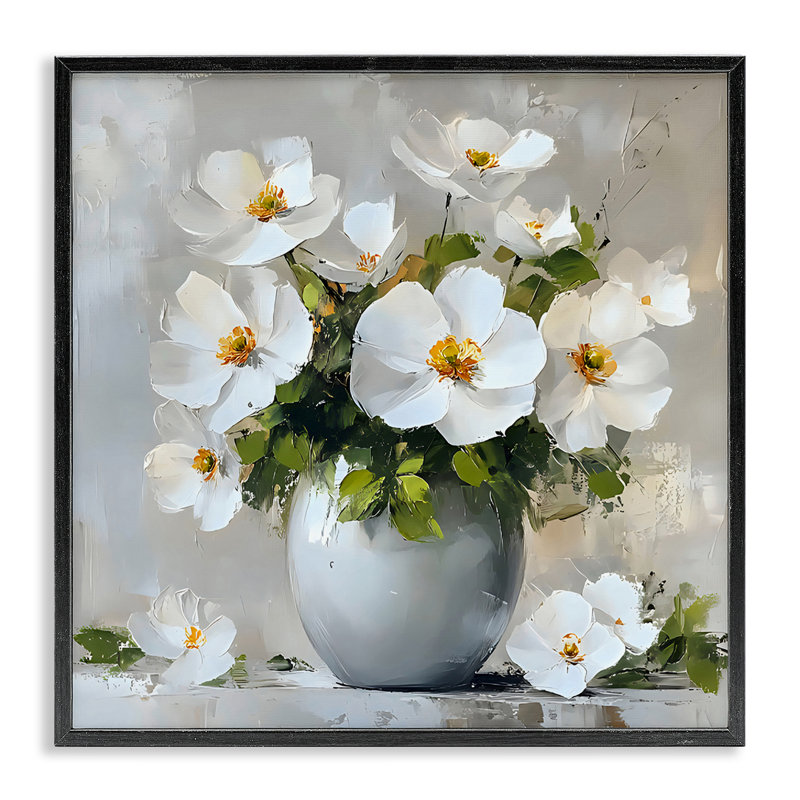 Anémones blanches dans un vase argenté, estampe numérique, design par LSR Creative Studio, Giclée encadrée noir minuit