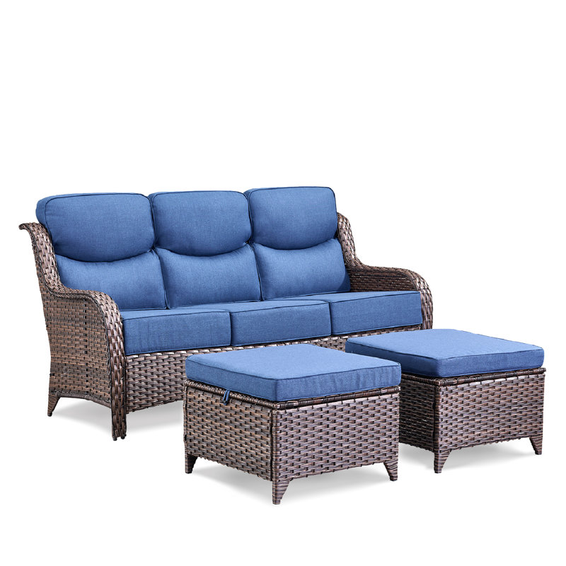 Deb 70.9" W Wicker Sofa with 6" D Cushions and Ottomans, Blue, Brown