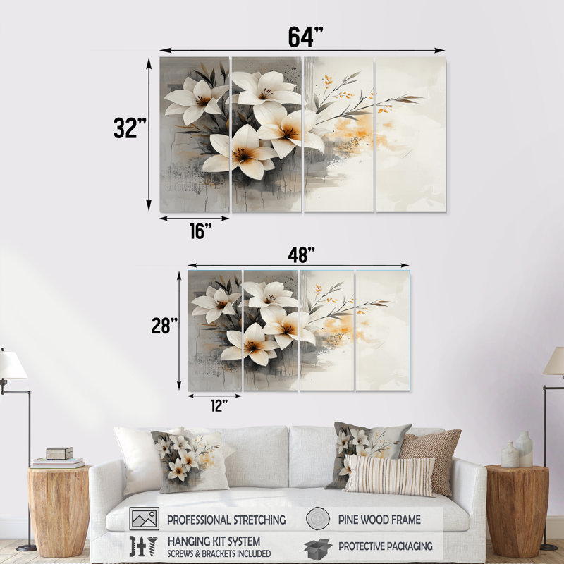 Jardin blanc doré de Lilie I - art mural doré - ensemble d'art mural traditionnel, H 28 po x l 48 po, 4
